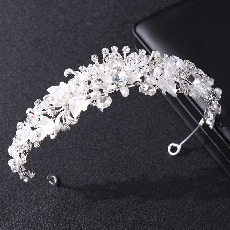 Silver Gold Color Pearl Crystal Crown Headband