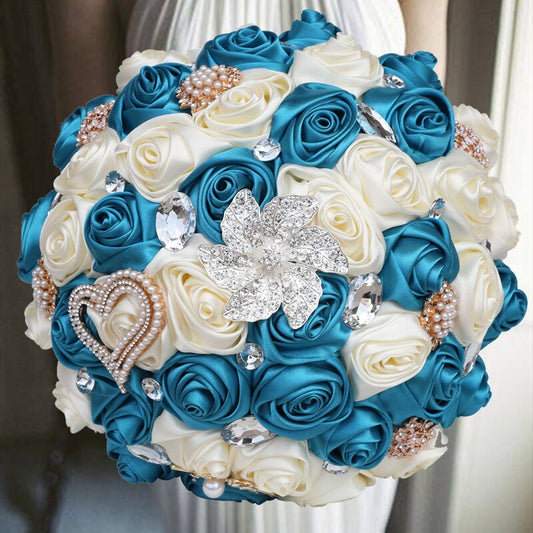 Ocean Blue Brooch Bouquet - Bride Wedding Bouquets Bridesmaids Satin Rose Flower
