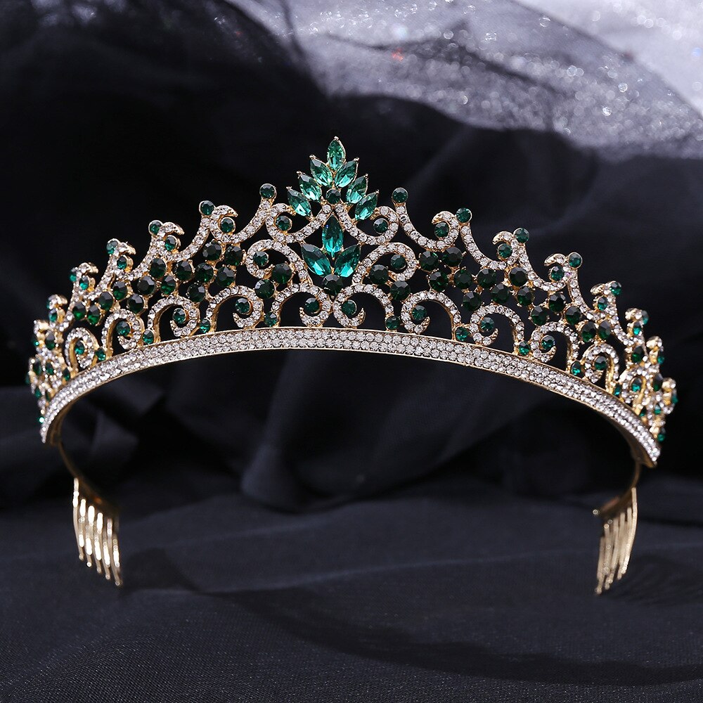 Baroque Vintage Gold Color Green Crystal Bridal Tiaras Rhinestone Pageant Diadem Crowns With Combs