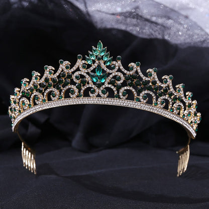 Baroque Vintage Gold Color Green Crystal Bridal Tiaras Rhinestone Pageant Diadem Crowns With Combs