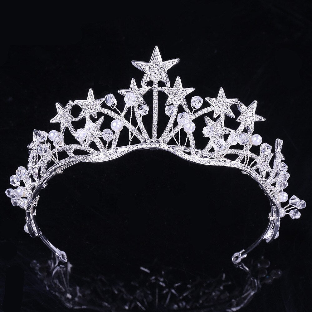 Baroque Gold Color Star Crystal Pearl Wedding Tiaras Bridal Crown for Bride Rhinestone Crowns Headba