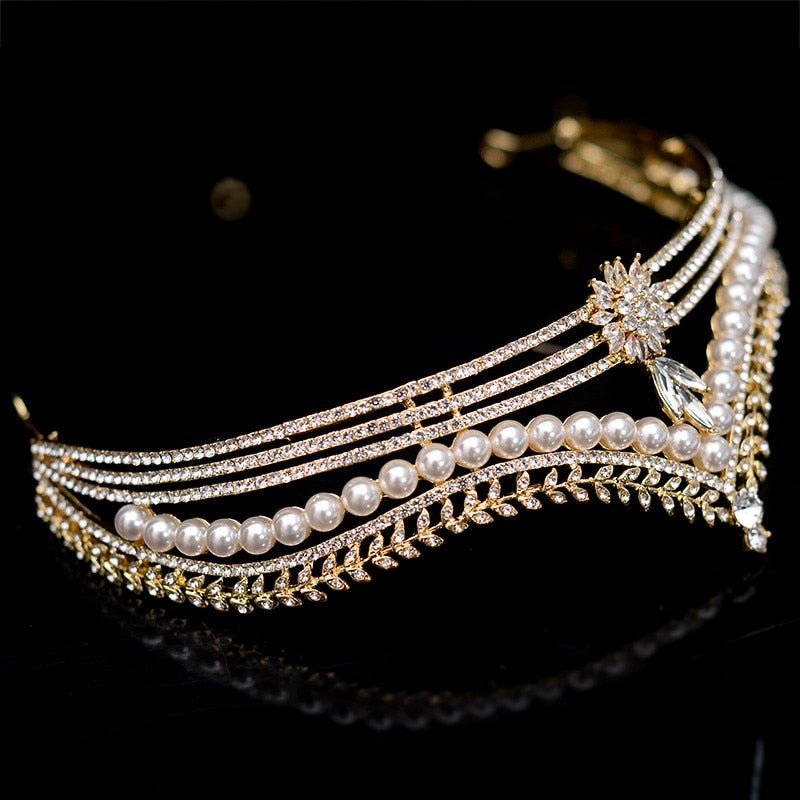 Baroque Retro Gold Color Crystal Pearl Bridal Tiaras Crown Rhinestone Pageant Diadem Headband Weddin