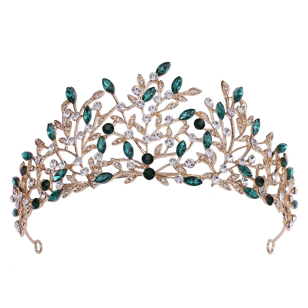 Baroque Retro Gold Color Green Crystal Leaf Bridal Tiara Crown Rhinestone Pageant Diadem Bride
