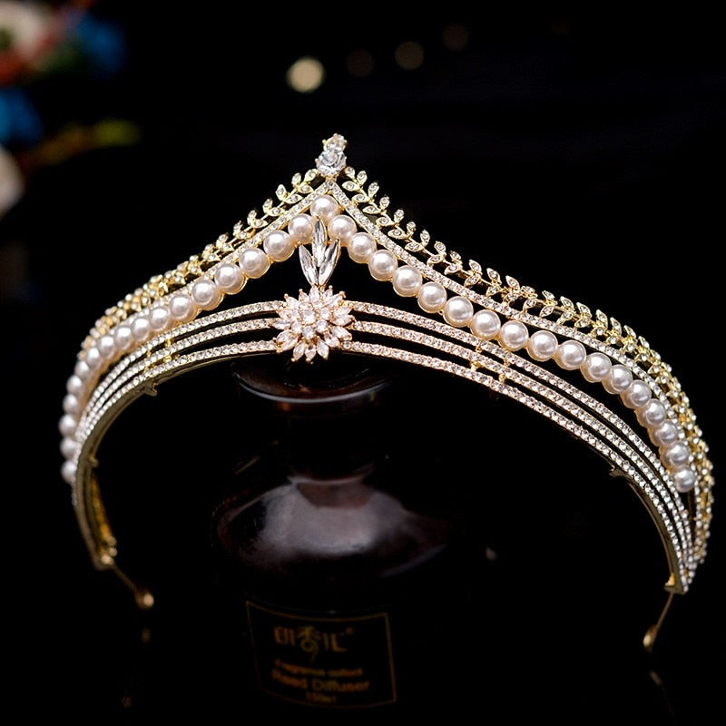 Baroque Retro Gold Color Crystal Pearl Bridal Tiaras Crown Rhinestone Pageant Diadem Headband Weddin