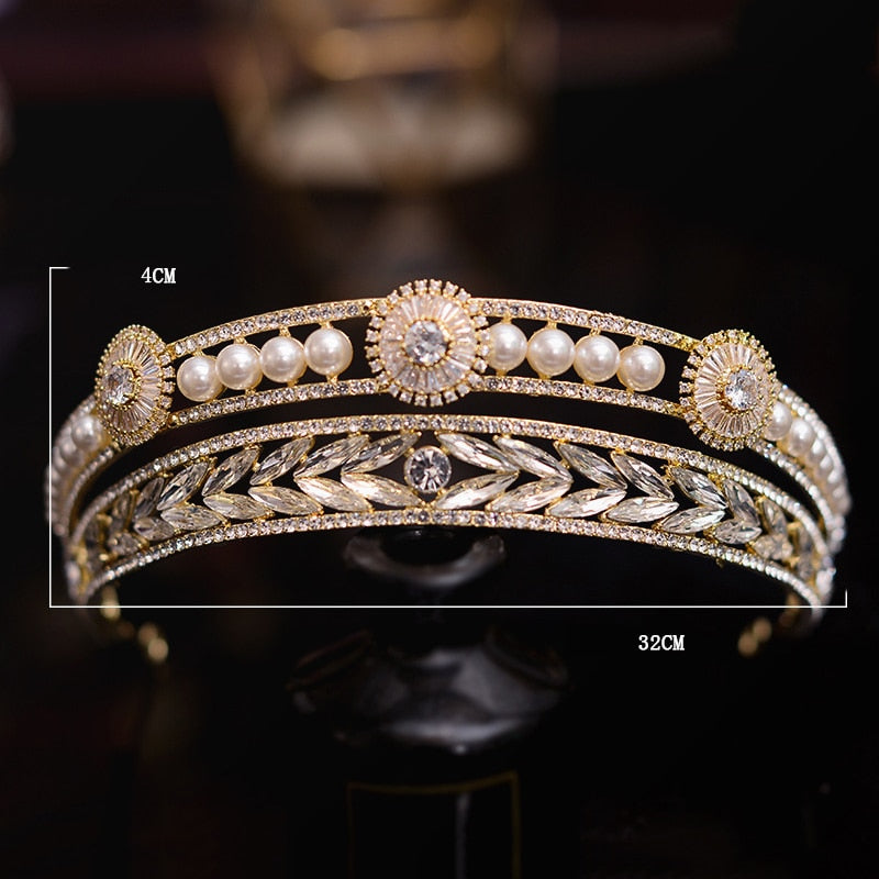 Baroque Gold Color Crystal Pearls Bridal Tiaras Crowns Rhinestone Pageant Diadem Bride Headband