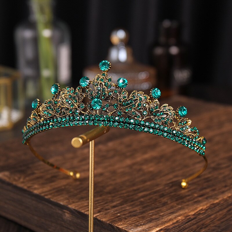 Baroque Vintage Gold Color Green Crystal Leaf Bridal Tiaras Bronze Black Rhinestone Pageant Diadem