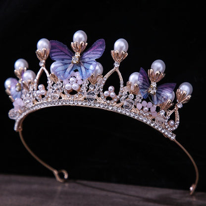 Fashion Cute Romantic Pink Blue Butterfly Crowns Wedding Prom Princess Girls Crystal Pearls Tiara Headband Bride Headband Diadem