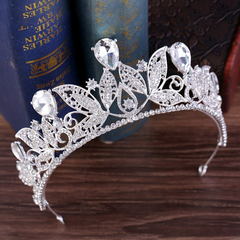 Baroque Vintage Green Crystal Leaves Bridal Tiaras Crown Rhinestone Pageant Diadem Women Wedding