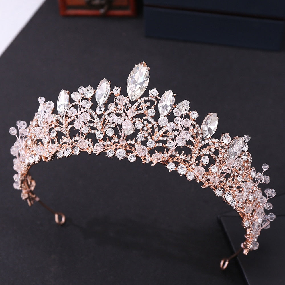 Baroque Luxury Rose Gold Crystal Beads Heart Bridal Tiaras