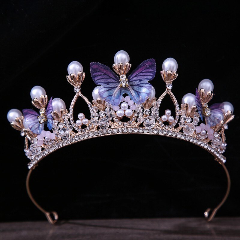 Fashion Cute Romantic Pink Blue Butterfly Crowns Wedding Prom Princess Girls Crystal Pearls Tiara Headband Bride Headband Diadem