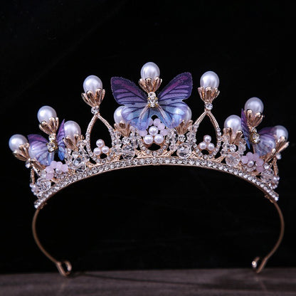 Fashion Cute Romantic Pink Blue Butterfly Crowns Wedding Prom Princess Girls Crystal Pearls Tiara Headband Bride Headband Diadem