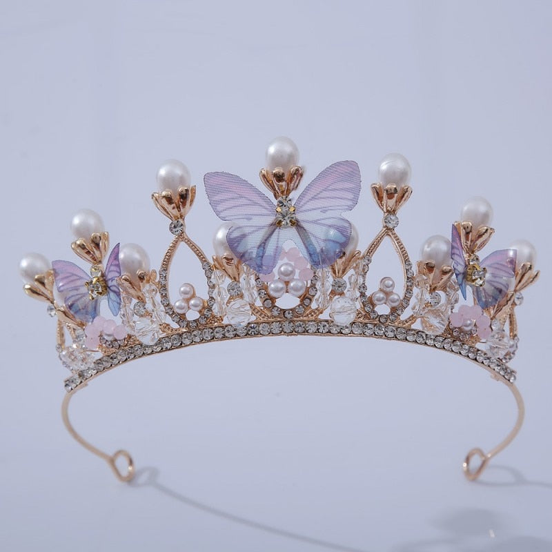 Fashion Cute Romantic Pink Blue Butterfly Crowns Wedding Prom Princess Girls Crystal Pearls Tiara Headband Bride Headband Diadem