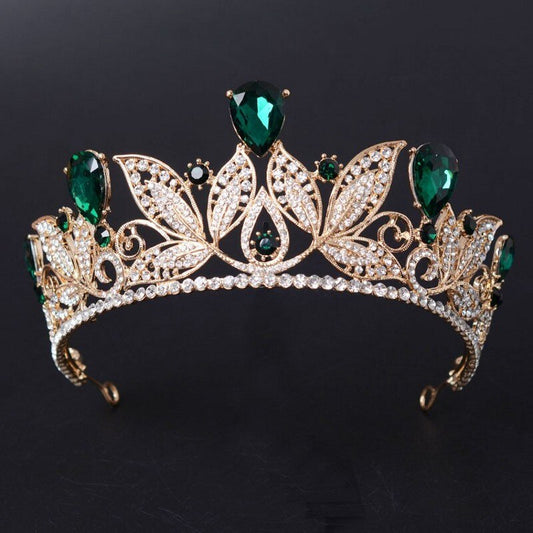 Baroque Vintage Green Crystal Leaves Bridal Tiaras Crown Rhinestone Pageant Diadem Women Wedding
