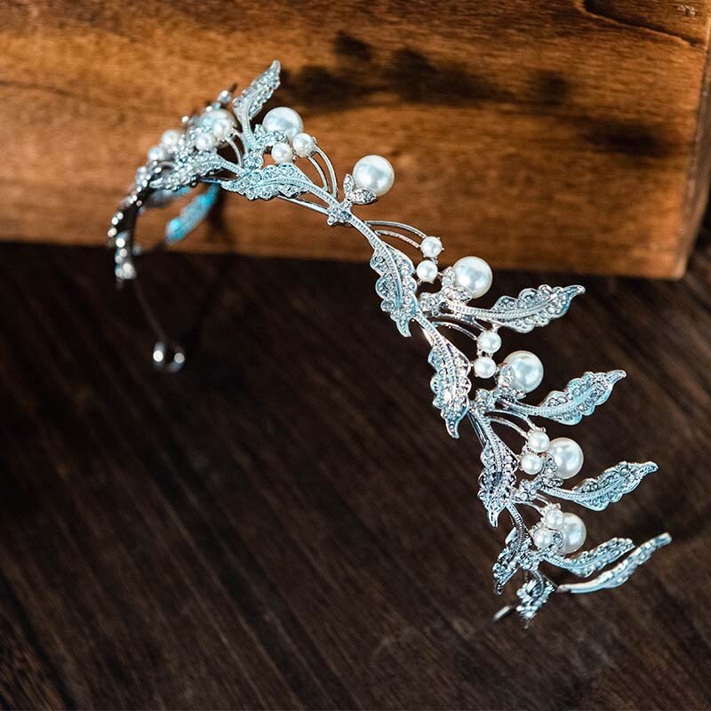Baroque Simple Leaf Crystal Pearls Wedding Crown Rhinestone Tiara Royal Princess Diadem Bridal