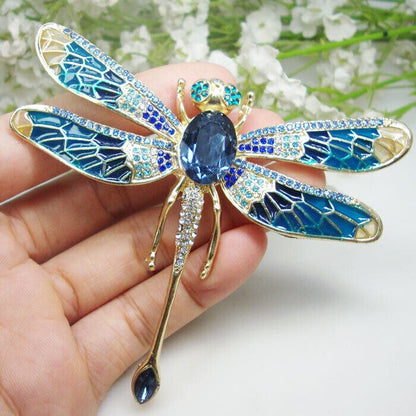 Blue Crystal Rhinestone Dragonfly Insect Brooch Pin