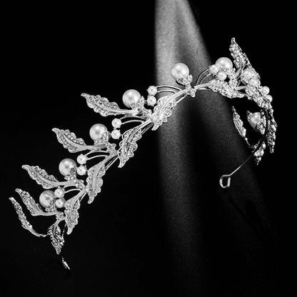 Baroque Simple Leaf Crystal Pearls Wedding Crown Rhinestone Tiara Royal Princess Diadem Bridal