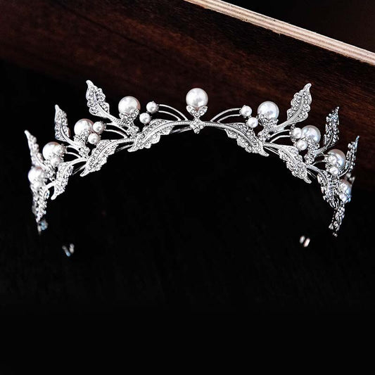 Baroque Simple Leaf Crystal Pearls Wedding Crown Rhinestone Tiara Royal Princess Diadem Bridal