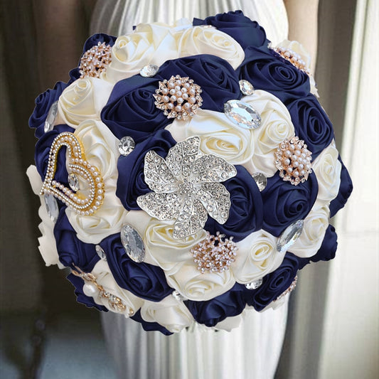 Royal Blue Wedding Brooch Bouquet - Bride Wedding Bouquets Bridesmaids Silk Rose Flower