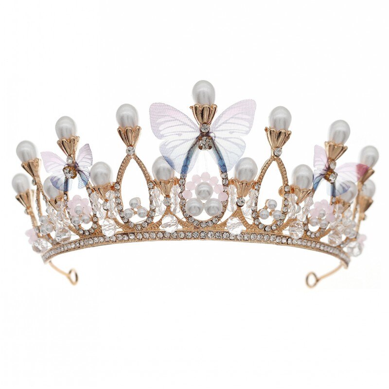 Fashion Cute Romantic Pink Blue Butterfly Crowns Wedding Prom Princess Girls Crystal Pearls Tiara Headband Bride Headband Diadem