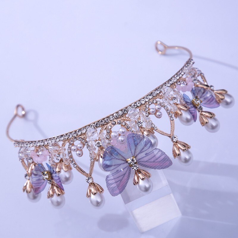 Fashion Cute Romantic Pink Blue Butterfly Crowns Wedding Prom Princess Girls Crystal Pearls Tiara Headband Bride Headband Diadem