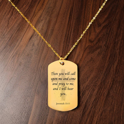 Jeremiah 33 11 quote necklace, gold bible verse, 14k gold cross charm necklace, confirmation gift, gold bar tag necklace,religious scripture