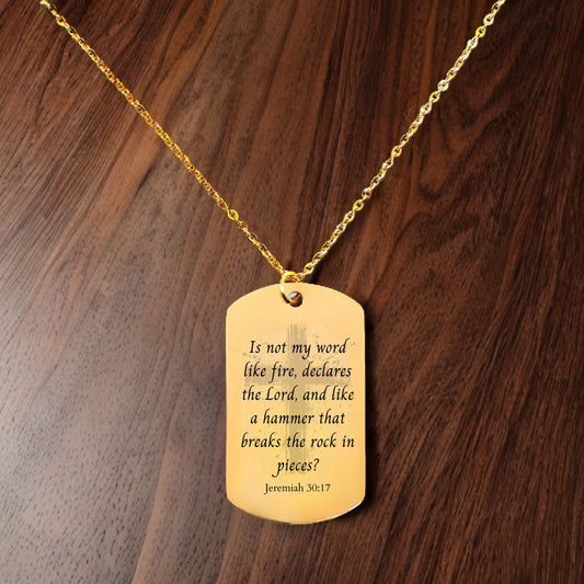 Jeremiah 30 17quote necklace, gold bible verse, 14k gold cross charm necklace, confirmation gift, gold bar tag necklace,religious scripture